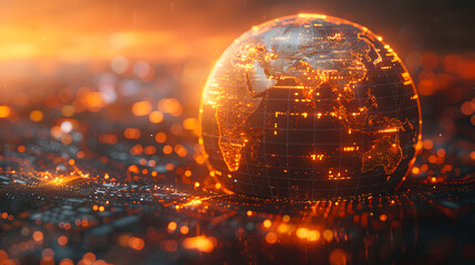 Illuminated globe glowing with technology connections in an abstract futuristic digital landscape, showcasing global connectivity.