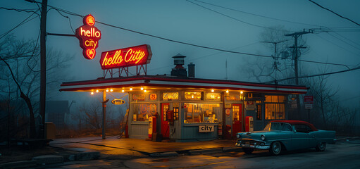 A retro gas station at night with neon lights