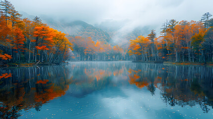 Naklejka premium Serene autumn landscape with vibrant foliage reflected in calm lake water, under misty mountains.