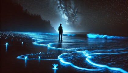 A silhouette of a person at the shore with bioluminescent waves glowing in the background, capturing a mystical and awe-inspiring scene.