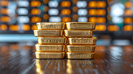 Stacked gold bars on a wooden table with a blurred background of stock market ticker symbols, representing wealth and investment.