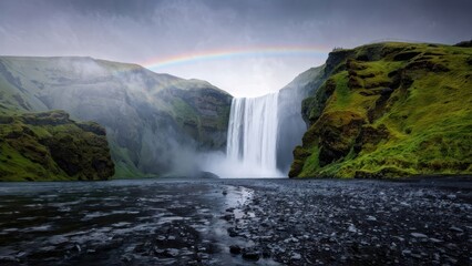 Fototapeta premium Breathtaking waterfall landscape with rainbow in scenic valley, perfect for travel and nature concepts