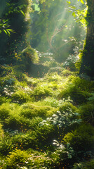 Fototapeta premium Close up of lush green moss and small plants in the forest