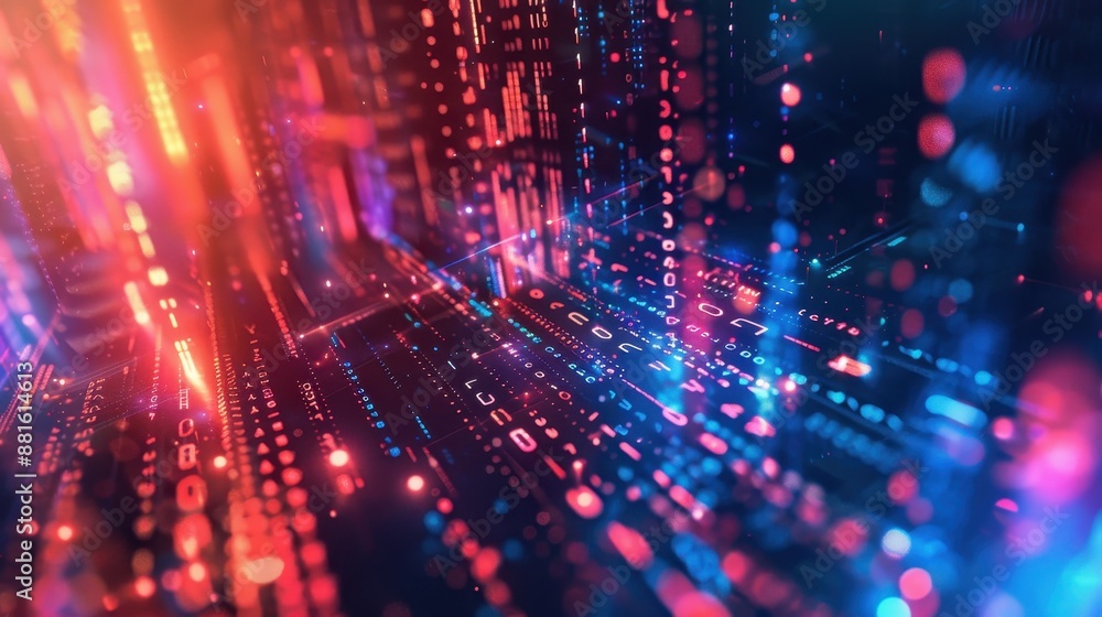 Poster digital dreamscape: vibrant virtual reality abstract background with floating data and futuristic de