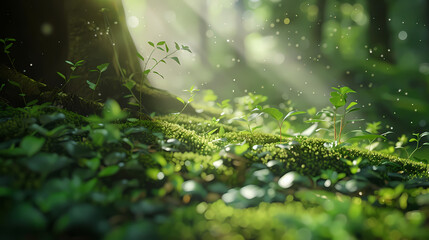 Close up of lush green moss and small plants in the forest