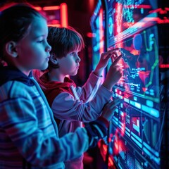Obraz premium Group of kids using a large touchscreen to manipulate 3D graphs, cyberpunk style, neon lights, dark background, high detail, immersive technology, vibrant contrast