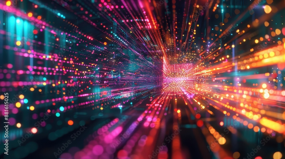 Poster neon dreamscapes: immersive virtual reality abstract with dynamic data streams