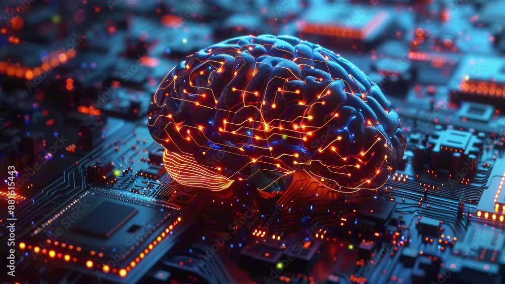 Poster Artificial Intelligence concept. 3D rendering of the human brain made from glowing digital data on a circuit board background. Futuristic technology. Hologram of a human brain. Technology background