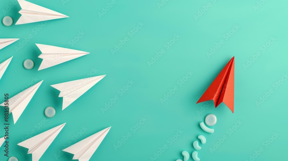 Poster business solution concept with paper planes flying towards abstract target vector on web banner.