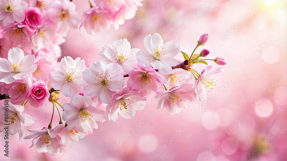 Wall mural Delicate pink cherry blossoms on a light pink background, Cherry blossoms, sakura, pink, delicate, traditional, Japanese, botanical