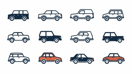 Linear style car icon set with transport symbols in vector illustration.