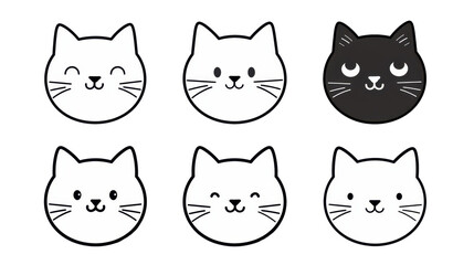 Fototapeta premium Collection of cat icons with simple black and white outline designs, perfect for emoticons and symbols.