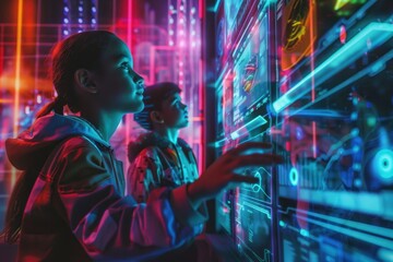 Obraz premium Group of kids exploring a futuristic science lab, holographic displays, bright neon lights, digital interface, hightech gadgets, photorealistic, vibrant colors, high detail