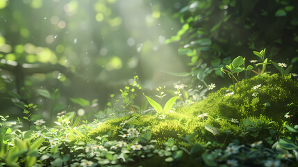 Close up of lush green moss and small plants in the forest