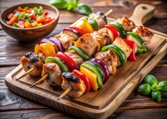Savory Japanese yakitori skewers loaded with juicy chicken, colorful bell peppers, onions, and mushrooms, grilled to perfection and served on a rustic wooden platter.