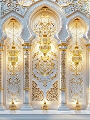 Fototapeta premium Beautiful white and gold wall with intricate designs and gold accents