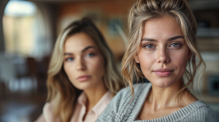 Fototapeta premium A mother and daughter or two sisters. One is in the foreground while the woman behind her is giving her a side eye glance. Winning an argument. Proving a point.