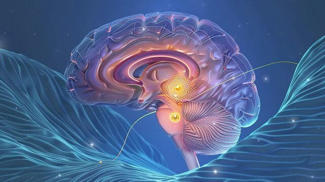 A hologram of a human brain. 3D rendering of a glowing brain. cross-section view highlighting brain's structure. Brain futuristic technology. Electric brain. Artificial intelligence digital brain