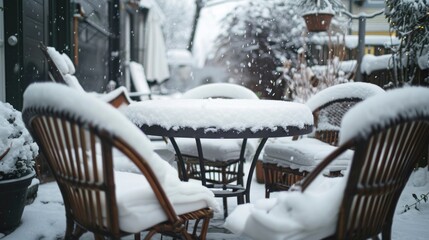 Chairs surrounding a snow covered outdoor table