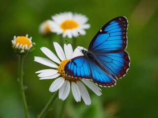 bright tropical blue butterfly on daisy flower. copy space