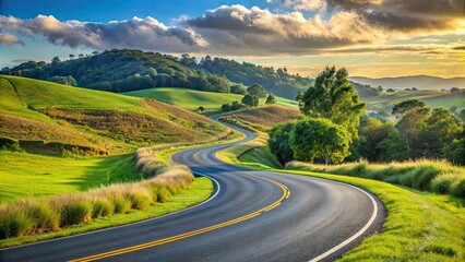 Naklejka premium Curve asphalt road winding through rural landscape, road, curve, asphalt, isolated, transportation, travel, journey