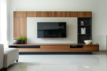 Fototapeta premium Modern interior with a cabinet for TV against a white wall