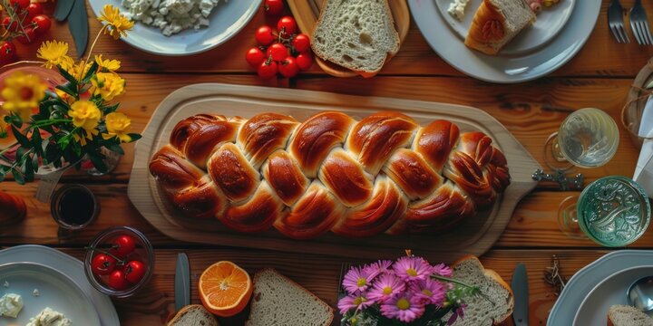 Table with long loaf of bread and variety of food items