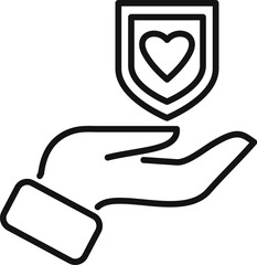 Line art style icon of a hand holding a shield with a heart in it, representing health insurance and love protection