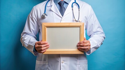 Doctor holding sign with wooden frame for MFA (m/w/d) gesucht! position, on blue background, medical, assistant, MFA