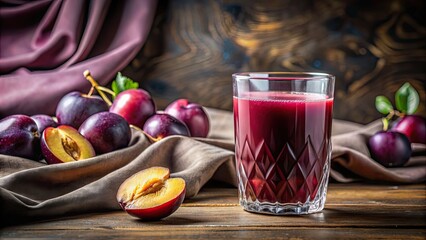 Freshly squeezed plum juice in a crystal glass with whole plums and silk fabric backdrop, plum, juice, glass, crystal, whole