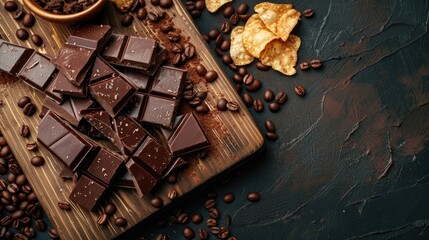 Chocolate banner on wooden board with coffee dark background chips ideal for cafes and restaurants concept