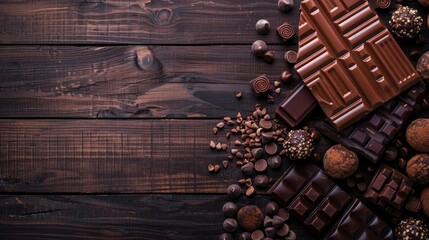 Chocolate treats arranged on dark wooden surface with space for text top down view