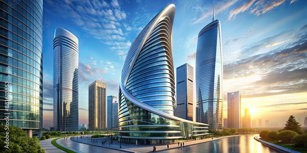 Poster futuristic skyscraper with curved, modern architecture in a cityscape, futuristic, skyscraper, curve