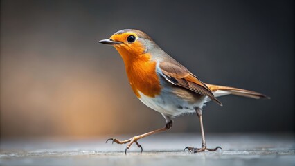 Wide shot of a Robin hopping on the ground, studio portrait.