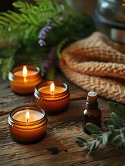 Aromatherapy candles and essential oils on a wooden surface
