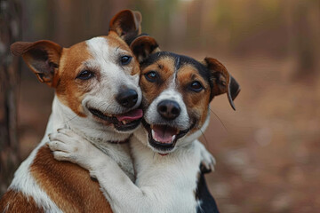 Two happy dogs hugging each other, representing the concept of best friends and showing joy and affection