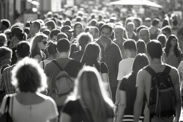 Crowd of people walking down street