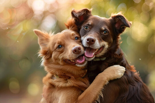 Two happy dogs hugging each other, representing the concept of best friends and showing joy and affection