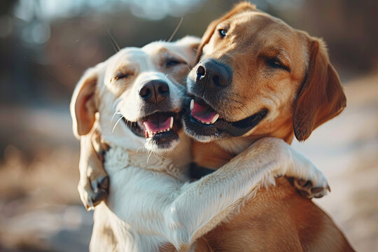 Two happy dogs hugging each other, representing the concept of best friends and showing joy and affection