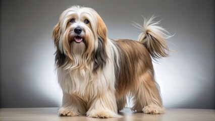 Wide shot of a Tibetan Terrier standing, studio portrait.