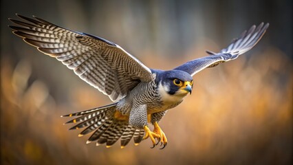 Wide shot of a Peregrine Falcon in mid-flight, studio portrait.