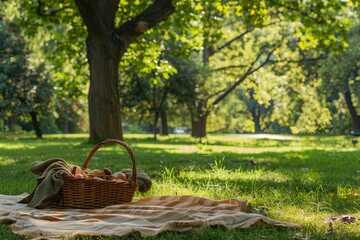 A serene picnic scene with a blanket spread out on the grass in an open park, featuring vibrant reds, whites, greens, and pinks, with food and a basket nearby. 