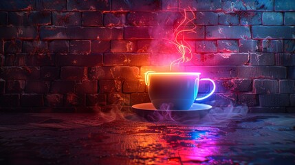 Neon coffee cup with brick wall background, glowing, electric neon