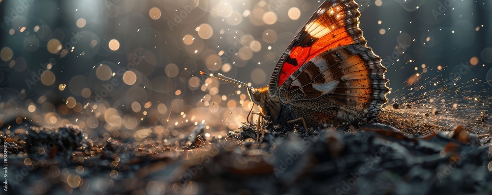 Poster Close-Up of Vibrant Butterfly Resting on Ground with Sparkling Bokeh Background in Nature