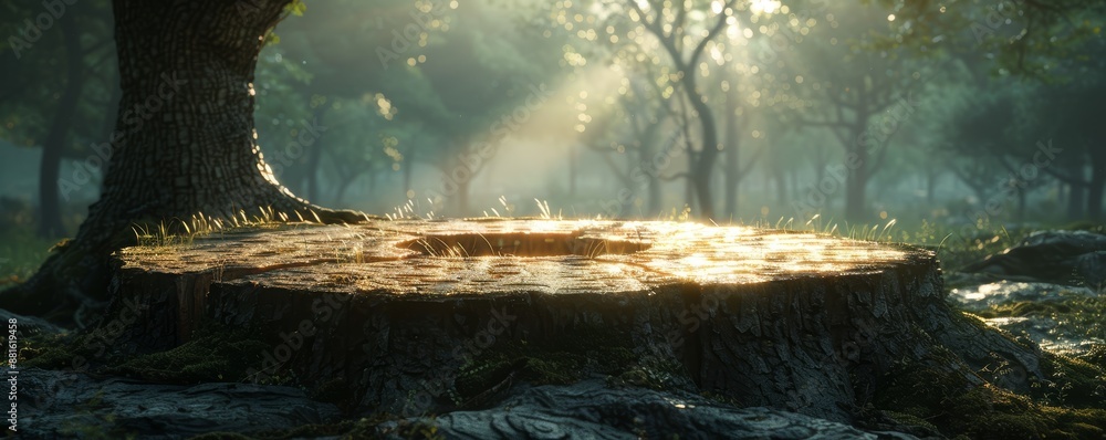 Aufkleber sunlit tree stump in enchanted forest with rays of light filtering through trees