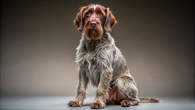 Wide shot of a Wirehaired Pointing Griffon sitting, studio portrait.