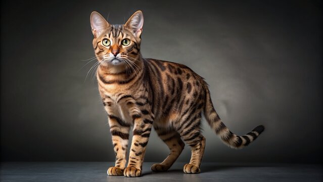 Wide shot of a California Spangled cat standing, studio portrait.