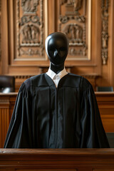 Naklejka premium Mannequin judge in a courtroom, symbolizing impartiality and fairness in the judicial system