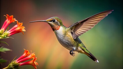 Fototapeta premium Wide shot of a Hummingbird hovering near a flower, studio portrait.