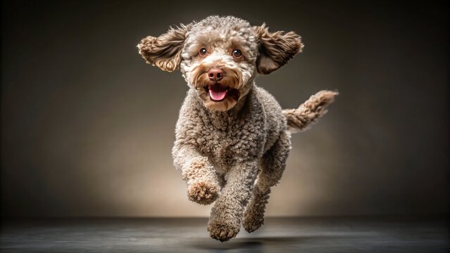 Wide shot of a Lagotto Romagnolo running, studio portrait.